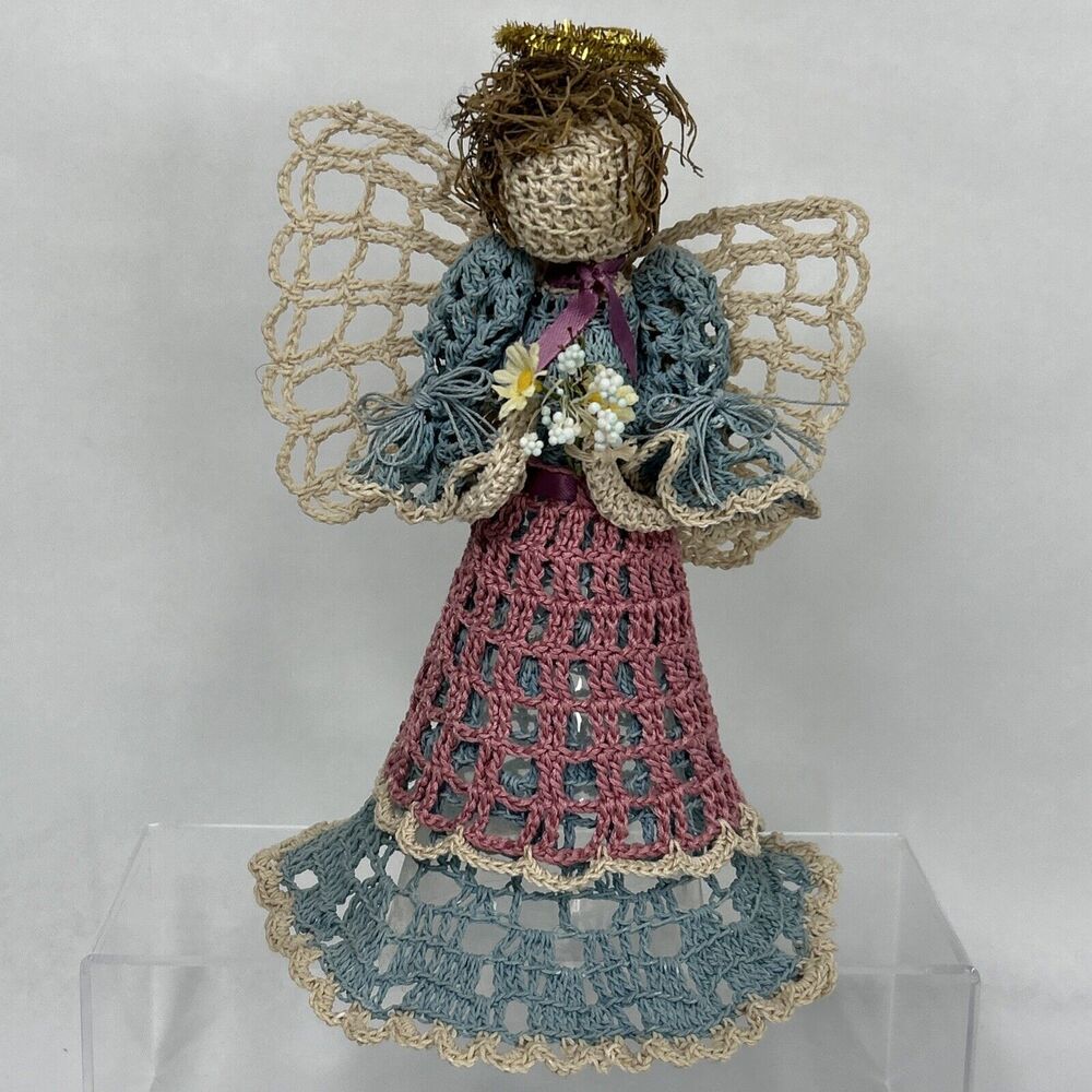 Crocheted Angel Christmas Tree Topper Starched Bouquet Halo Blue Pink Handmade